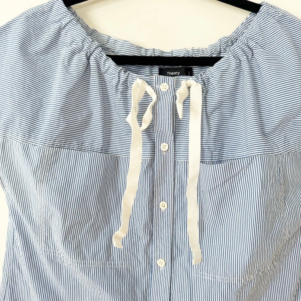 Theory Velvela Blue and White Striped Drawstring Shirt Sleeve Blouse M - Picture 5 of 8